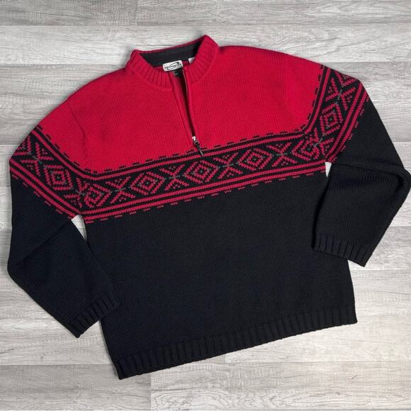 Obermeyer Wool Sweater Men’s Large Red Black Fair Isle Thick Quarter Zip Winter - Picture 1 of 5